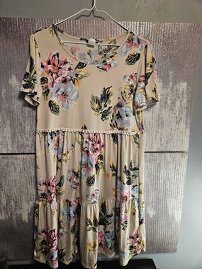 HEIMISH USA Beige Floral Tiered Mini Dress with Pink & Blue Blooms